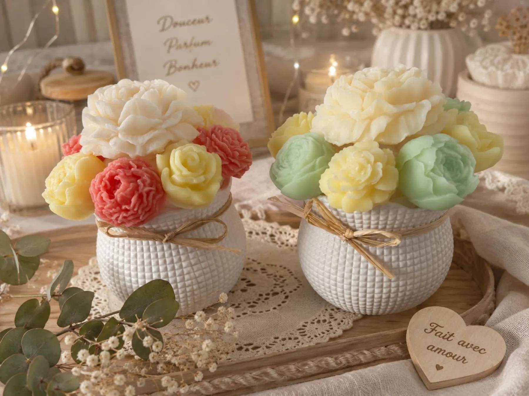 Gros plan sur deux bouquets de fondants pastel dans des vases blancs, mise en scène avec bougies allumées